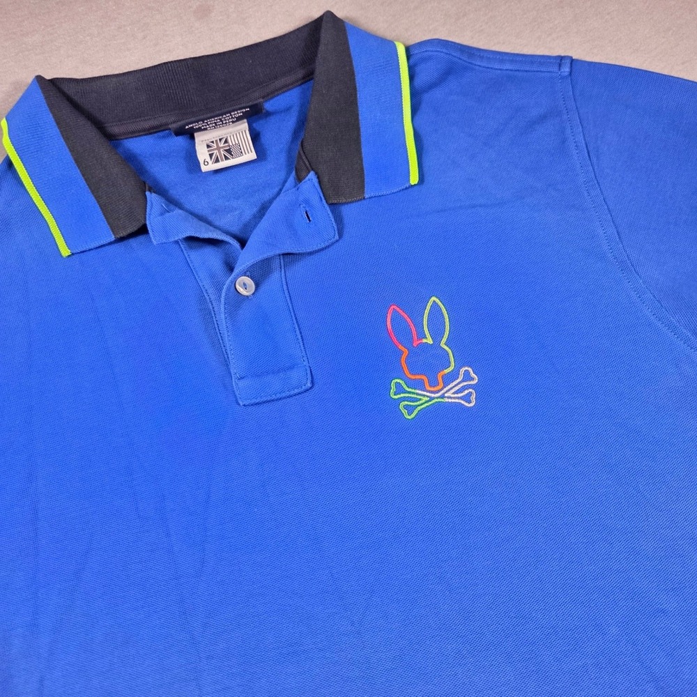 Psycho Bunny Mens Blue Pima Cotton Polo Shirt Size 6 L Neon Logo Short Sleeve